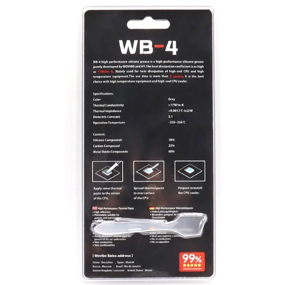 Waccueilli bo pâte de graisse thermique composé de silicone WB-4 WB 4g 2g 17 W/m-k pour CPU GPU imprimante dissipateur thermique refroidisseur pâte thermique