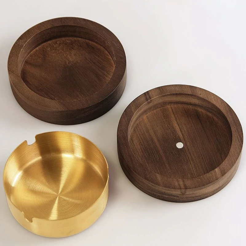 Ceniceros creativos con revestimiento de acero inoxidable, ceniceros de madera de nogal para interiores con tapa, Cenicero para cenizas con mosca, Cenicero para sala de estar