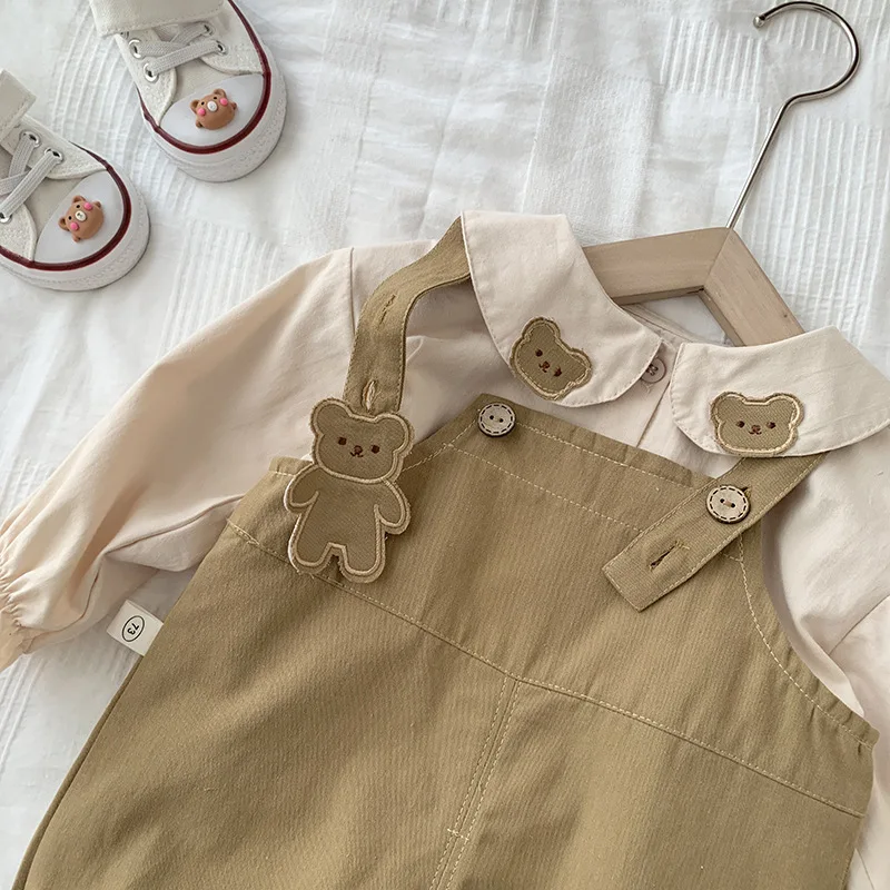 2024 Girls Bear Shirt 0-6 Years Old Spring Korean Girls Clothes Baby Doll Collar Shirt Kids Cute Dress Outwear