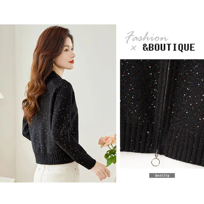 Damski kardigan z dzianiny na jesień 2025, nowy styl, łączony, okrągły dekolt, zapinany na zamek, jednolity kolor, zachodni styl, cekinowy, z długim rękawem.