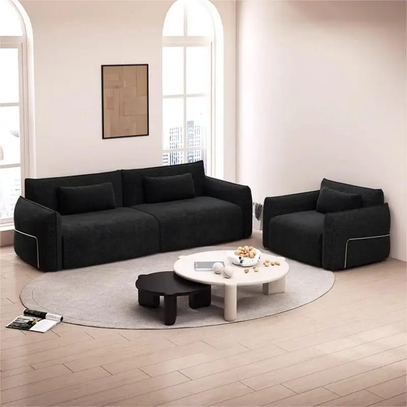 Mid-Century French Black Chenille Fabric Sofa, Italian Minimalist Designer Straight Sofa Set for Living Room
