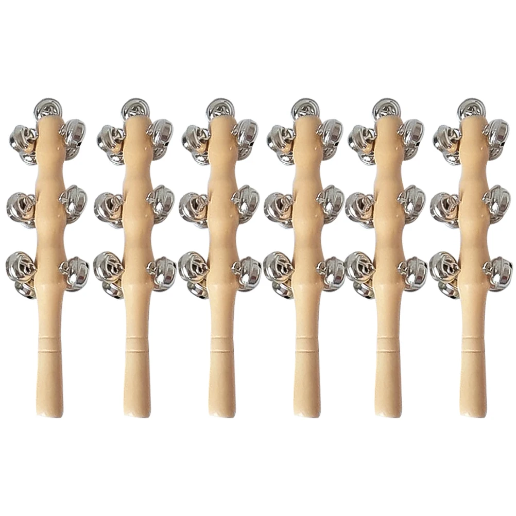 6pcs Wood Rattle Baby Hand Jingle Bells Smooth Safe Grip Musical For Newborns Rhythm Development Attractive Sound Small Easy