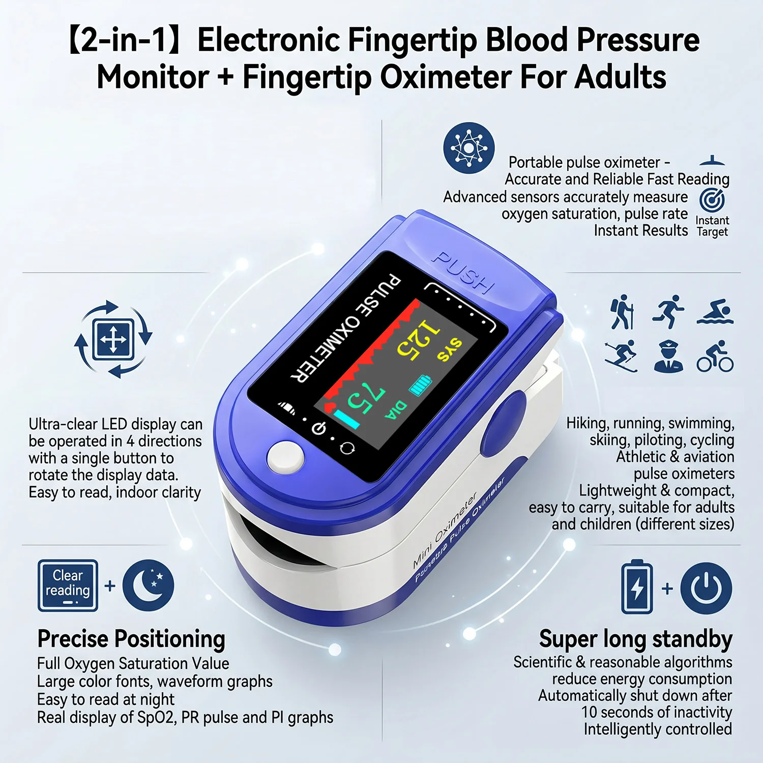 2IN1 Oximeter & Tonometer Portable Fingertip Blood Pressure Monitor Home HD LED Screen Finger Clip Visual Pulse SpO2 Oxymeter