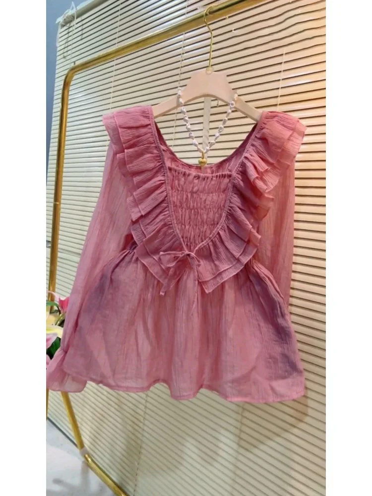 French Sweet and Unique Waist Wrapped Shirt Premium Design Sense Small Pink Ruffled Bubble Sleeve Shirt Women Summer