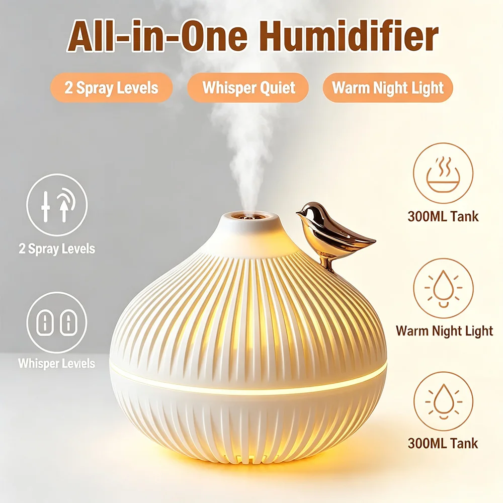 Vertical-Striped Onion-Shaped USB-Powered Humidifier, Ultrasonic Aromatherapy Diffuser, Warm-Toned Night Light Humidifier