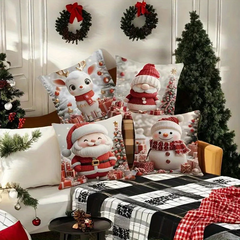 Modern Christmas Pillow Covers Set of 4, Snowman Reindeer Santa Design, Soft Polyester Zippered  for Living Room Decor