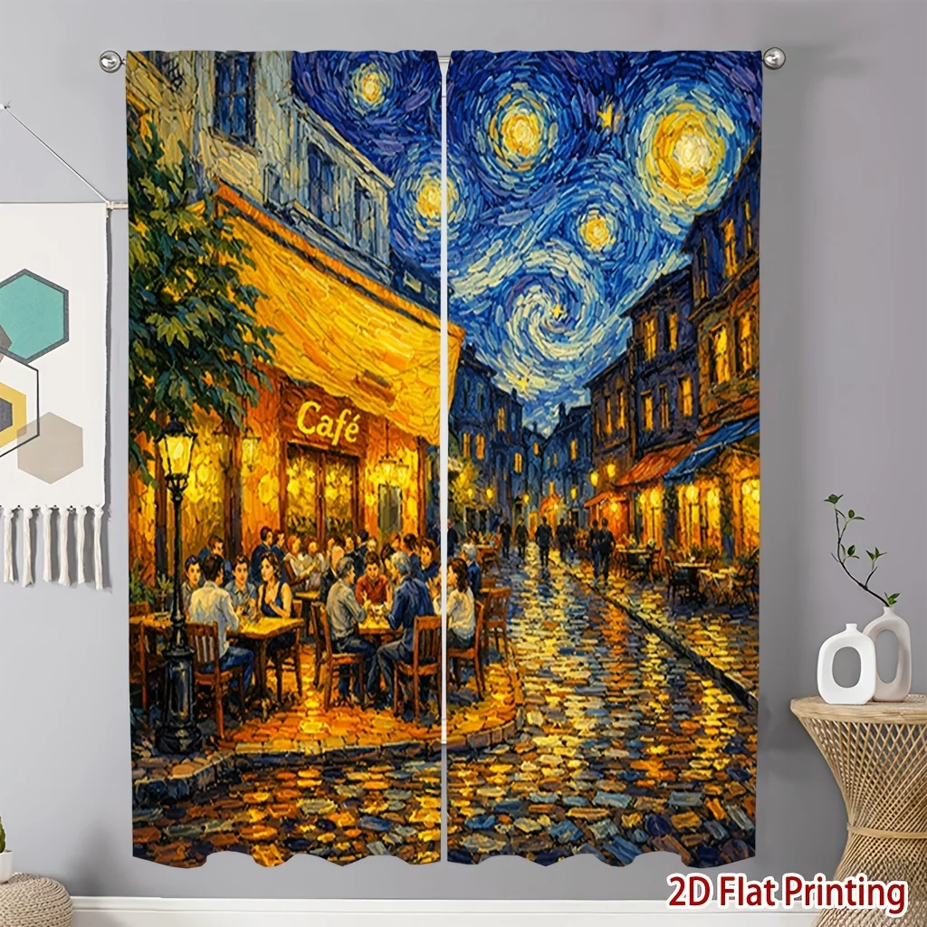 Art Oil Painting Curtain Panels,Impressionist Night City Street Cafe Cobblestone Starry Sky Pattern Drapes Bedroom Home Decor