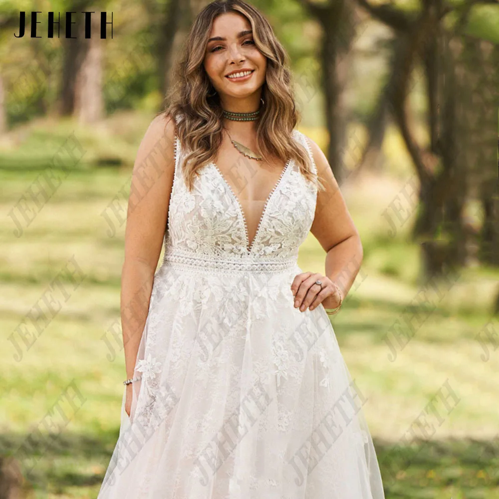 JEHETH-Vestido de Noiva Elegante, Tamanhos Grandes, Sem Mangas, Decote V, Sem Costas, Renda, Applique, Vestidos de Noiva, Tule, Linha A