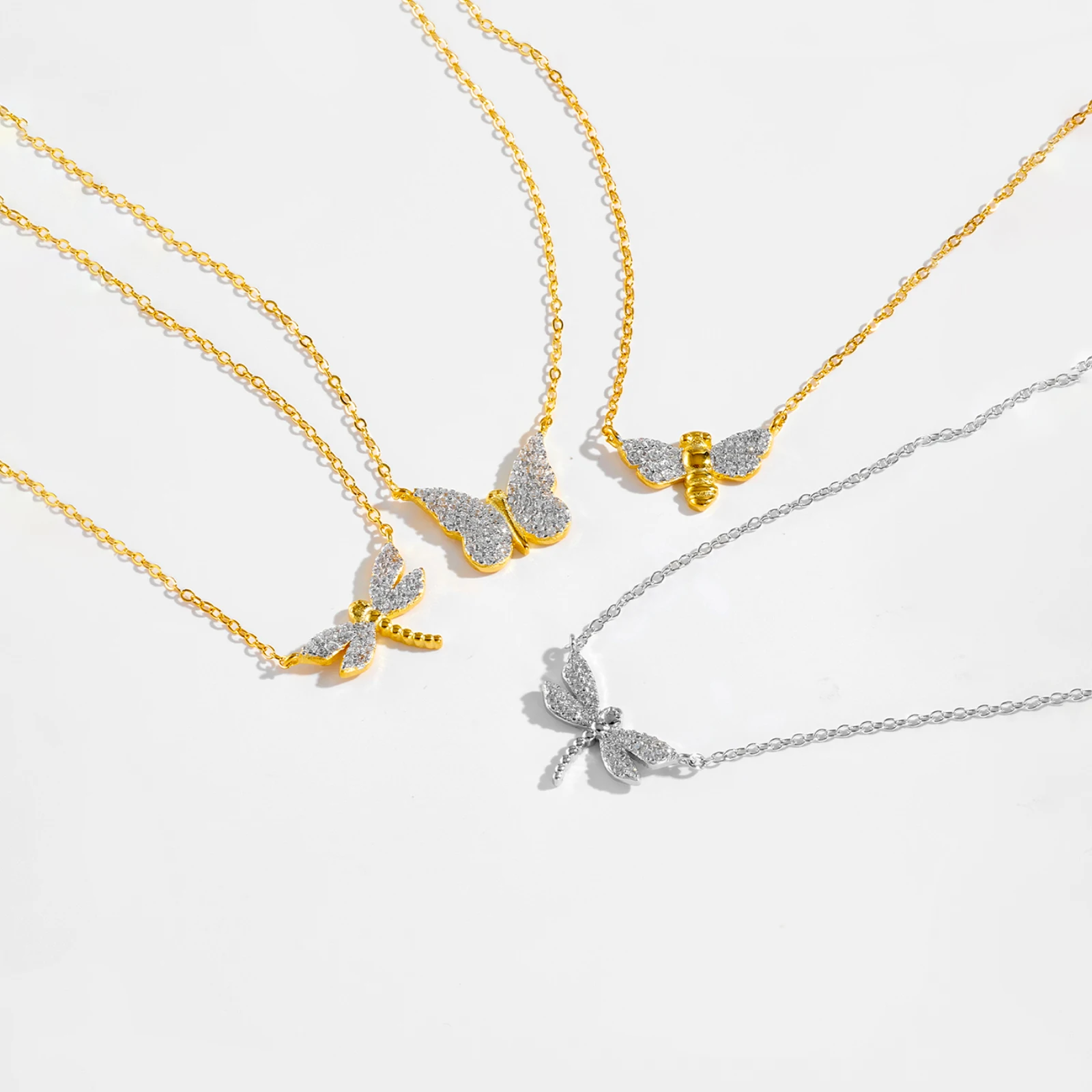ANDYWEN 925 Sterling Silver Split Plating Dragonfly Bee Butterfly Chain Pendant Charm Necklace Choker Fine Jewelrt 2022 Crystal