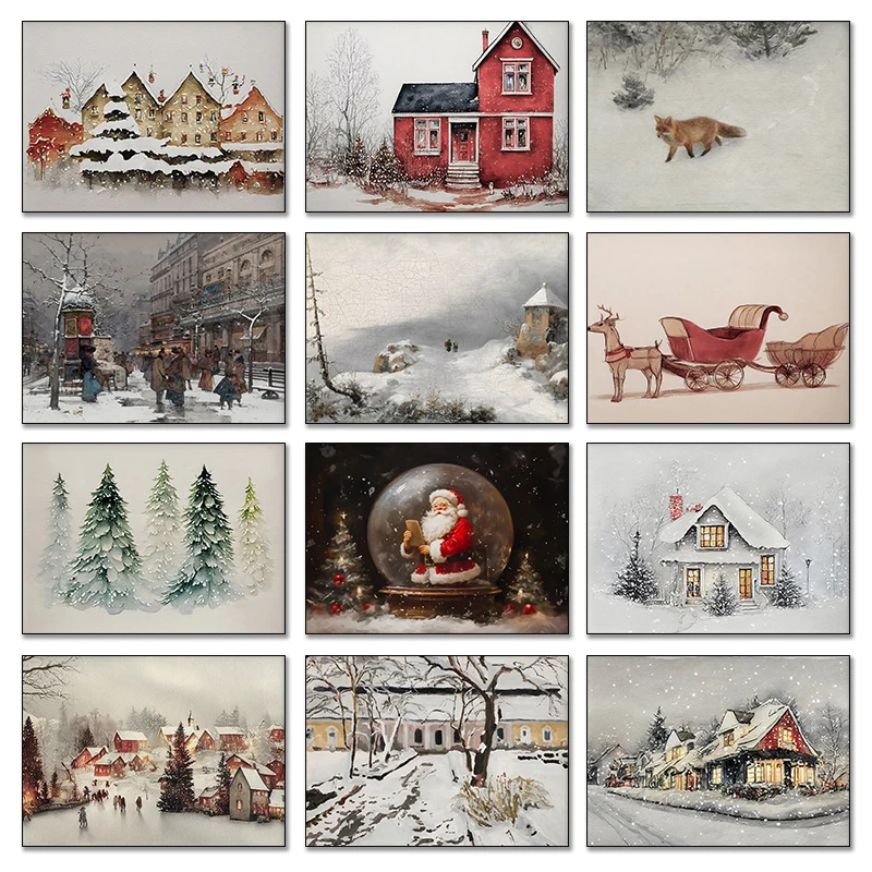 Winter Landscape House SnowMountain Waterfall Santa Claus Forest Poster and Canvas Printing Wall Art Picture for Room Home De