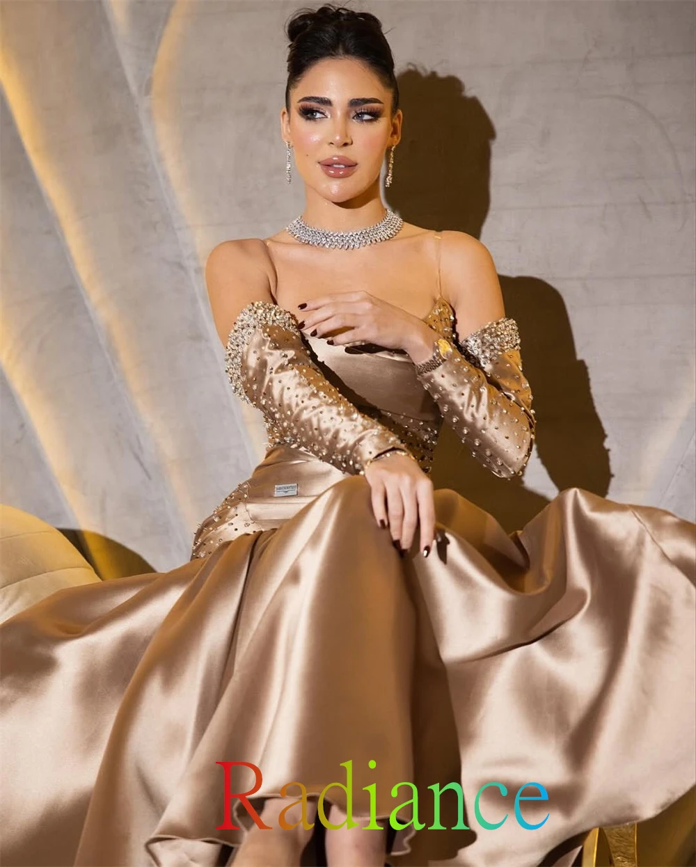 

Customized Mermaid Crystal Dresses 2025 Woman Exquisite Satin Evening Dress Temperament Strapless Detachable Sleeve Prom Dress