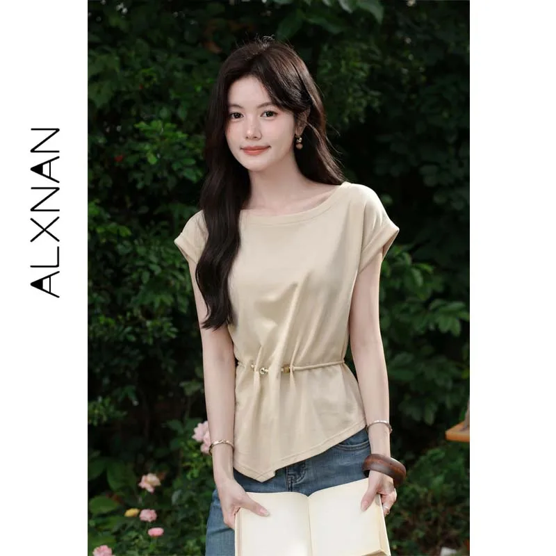 ALXNAN French Style T-shirt Women Round Neck Flutter Sleeve Cuff Casual Short Sleeve Top Beaded Belt Oatmeal Tees L65016-8