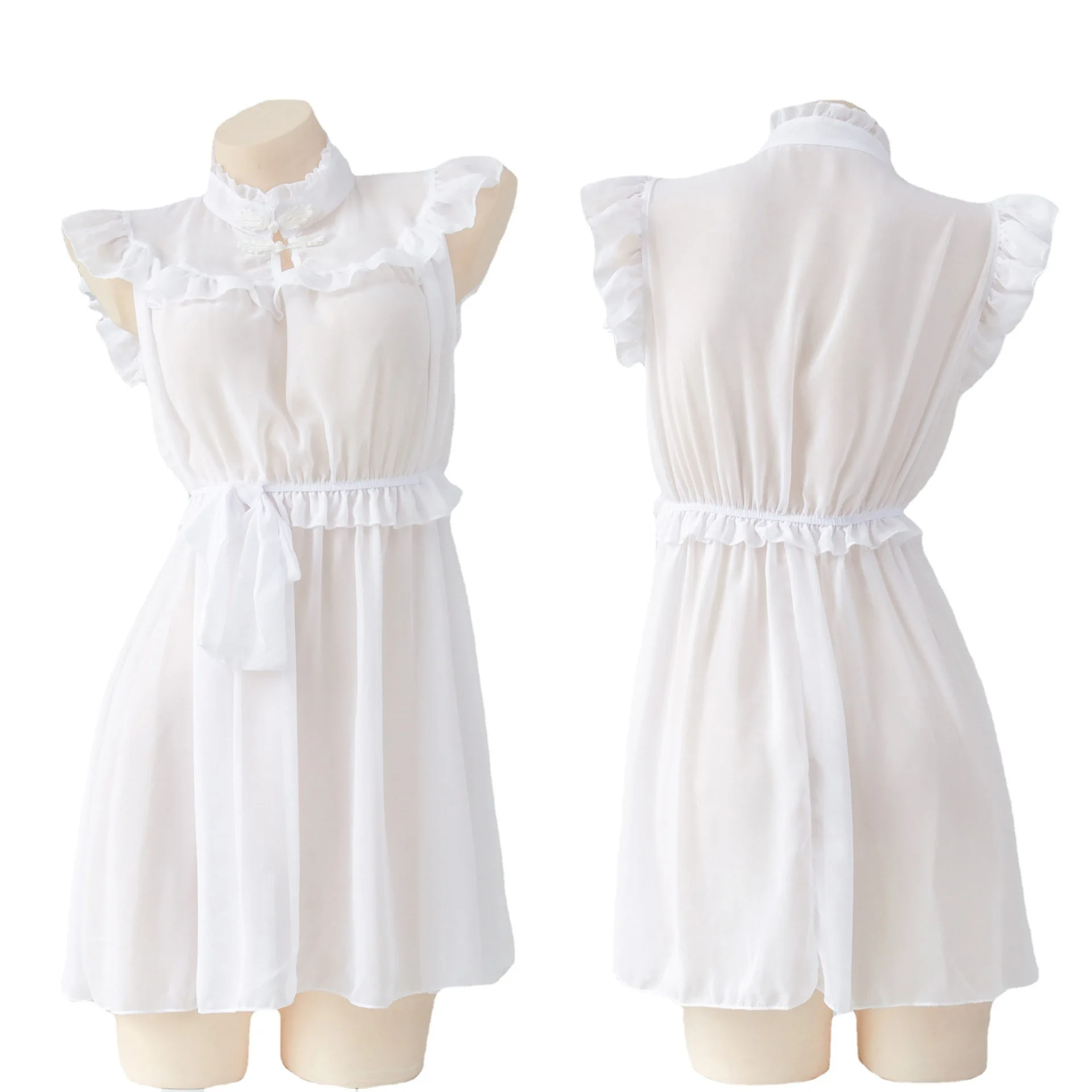 Cute White Chiffon Dress Women Maid Cosplay Costume Nightdress Underwear Sweet Retro Role Play Outfits Lingerie Princess Dress