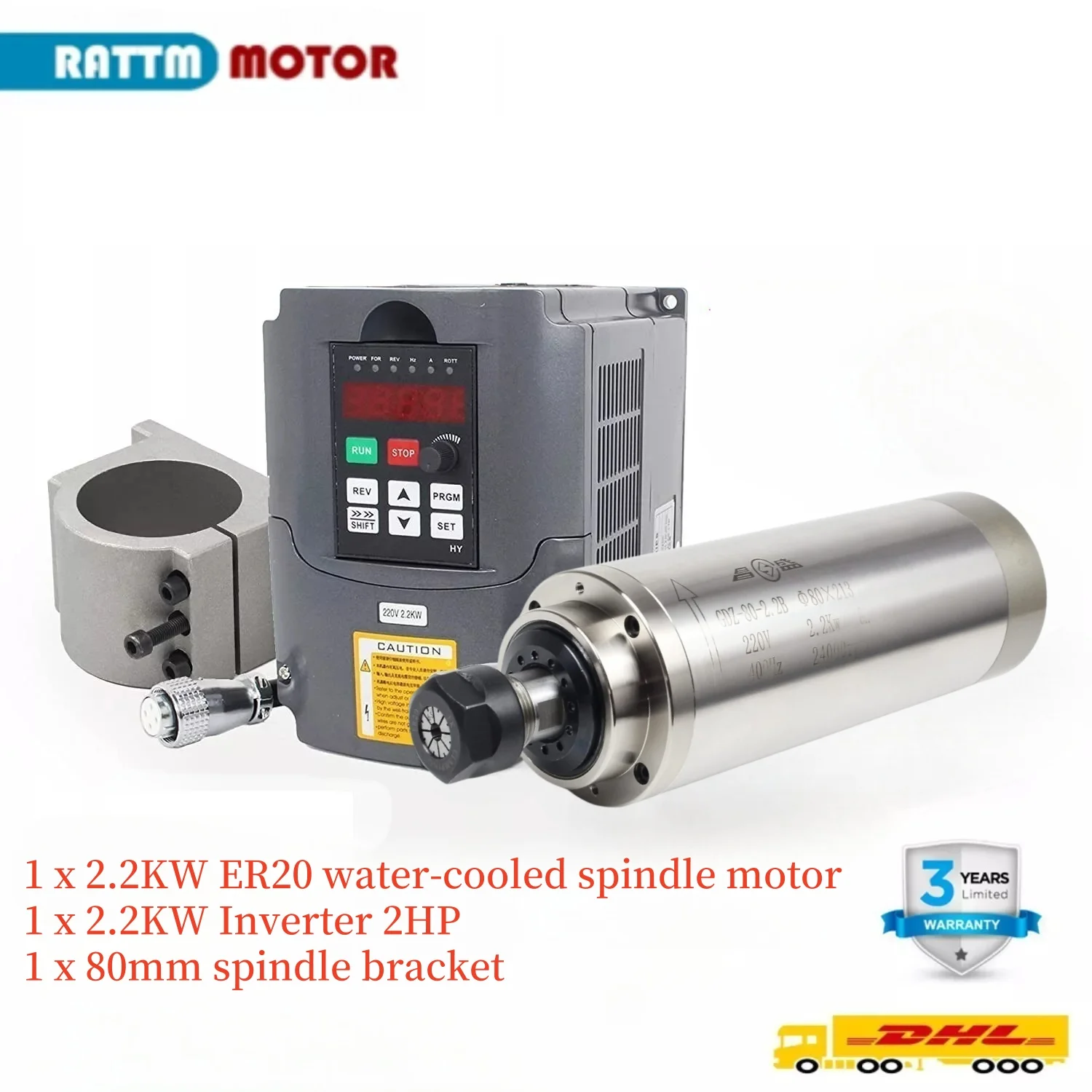 2.2KW 110V or 220V 8A GDZ-80-2.2 400Hz 24000rpm 80mm Water Cooling Spindle Kit With 2.2KW HY Inverter VFD + 80mm Bracket