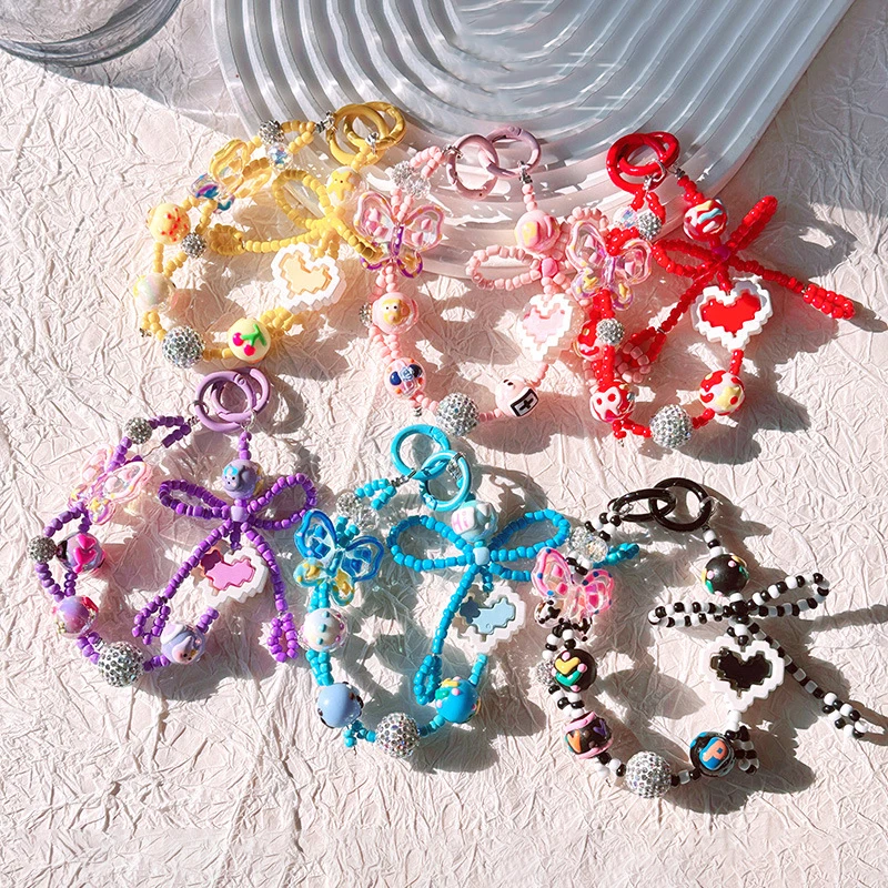 Anti Loss Mobile Phone Chain Hand Drawn Beaded Building Blocks Love Heart Bowknot Pendant Keychain Bag Hangings Decoration