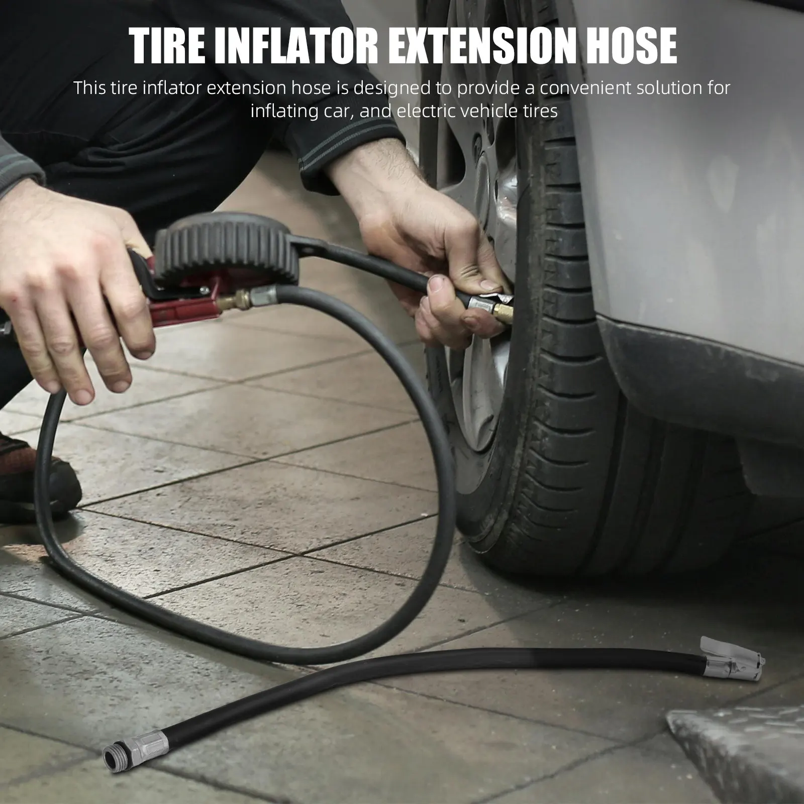 2Pcs Compact Tire Inflator Extension Hose with Gauge Wear-Resistant Rubber for Car Bicycle and Electric Vehicle