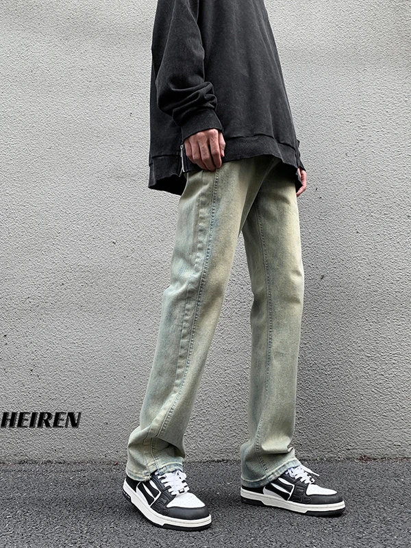 กางเกงยีนส์ผู้ชายสไตล์เรโทรอเมริกัน ทรงสลิมฟิต สีเหลืองเคลือบดิน ย้อมสีแบบไมโครเฟลร์ ทรงตรงขายาว