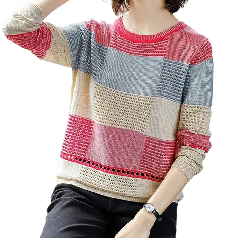 Women's Thin Sweater Pullover Spring Autumn  Hollow Knitting Sweater Casual Contrasting Colors Bottoming Shirt Shirt Female B30