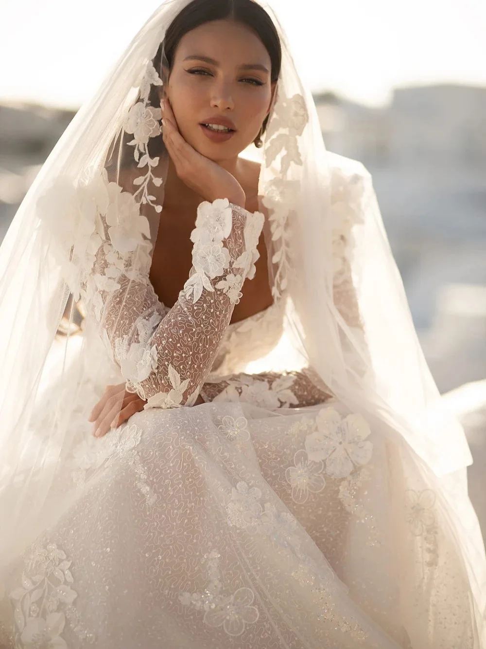 Sweetheart Puff Long Sleeve 3D Floral Lace A Line Wedding Dress Sparkly Chapel Train Bridal Gown Vestidos De Novia Custom Plus