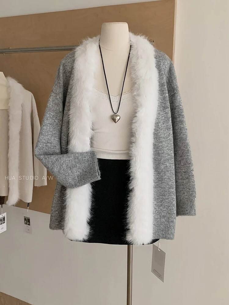 

Lazy Wind Knit Cardigan Women Loose Casual Fur Collar Patchwork Vintage Sweater Long Sleeve Y2K Streetwear Small Fragrance Tops