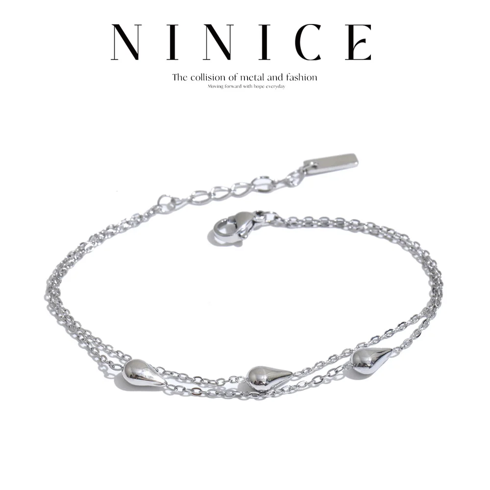 NiNice Stainless Steel Chain Overlay Bracelet Stylish Double-Layer Teardrop Bangle for Women Daily Trendy Jewelry New Arrivals