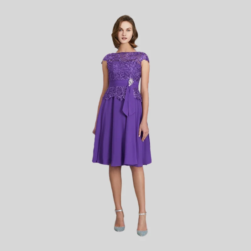 

Purple Mother Of The Bride Dresses A-line Cap Sleeves Knee Length Chiffon Lace Short Groom Mother Dresses For Wedding