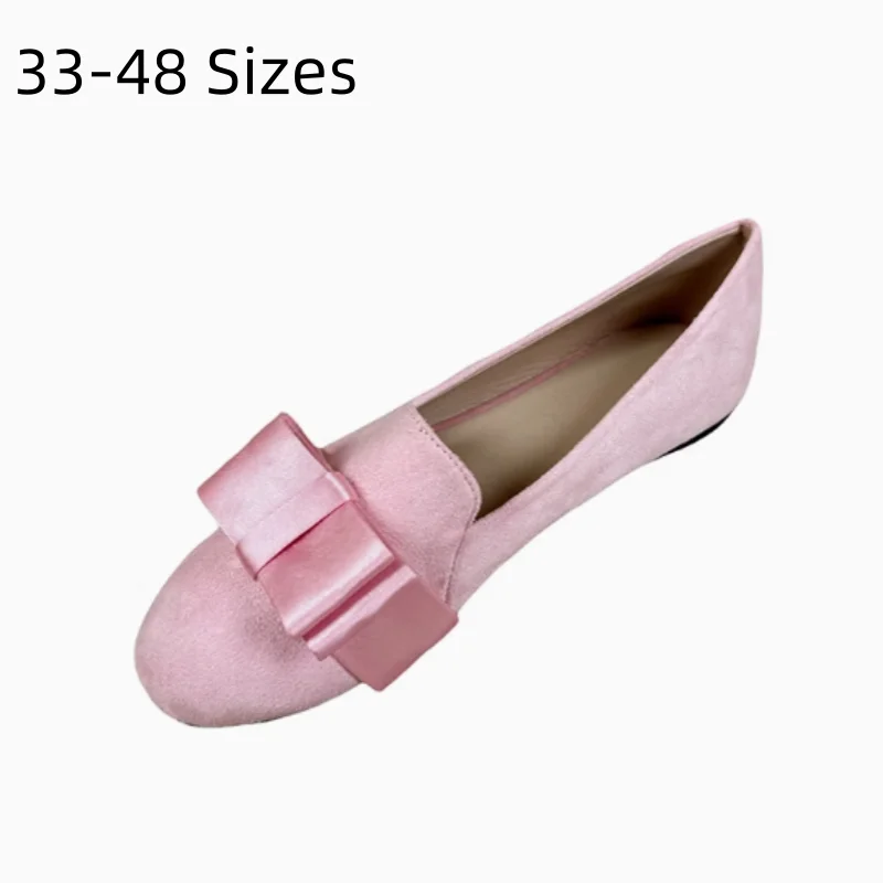 Ladies Long Toe Wide Fitting Slip-On With 3 Tiered Knot Hand Made Flock Shoes Low Cutter Cute Pinkish Red Beige Flats Round Toe