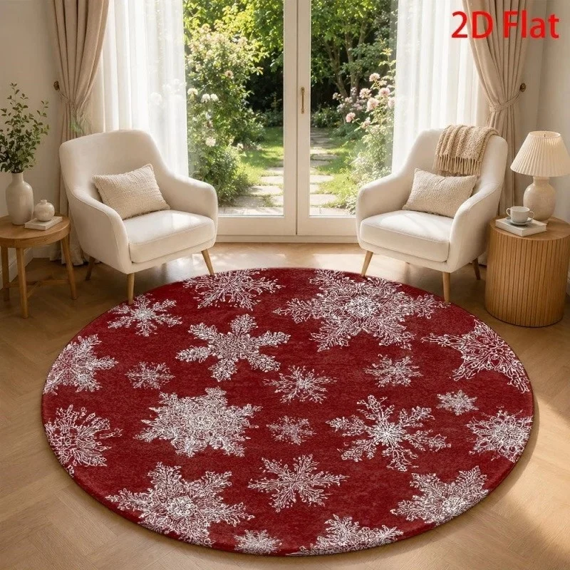 White Snowflake Red Christmas Round Area Rug, Winter Printed Floor Mat, Holiday Decor Carpet for Bedroom