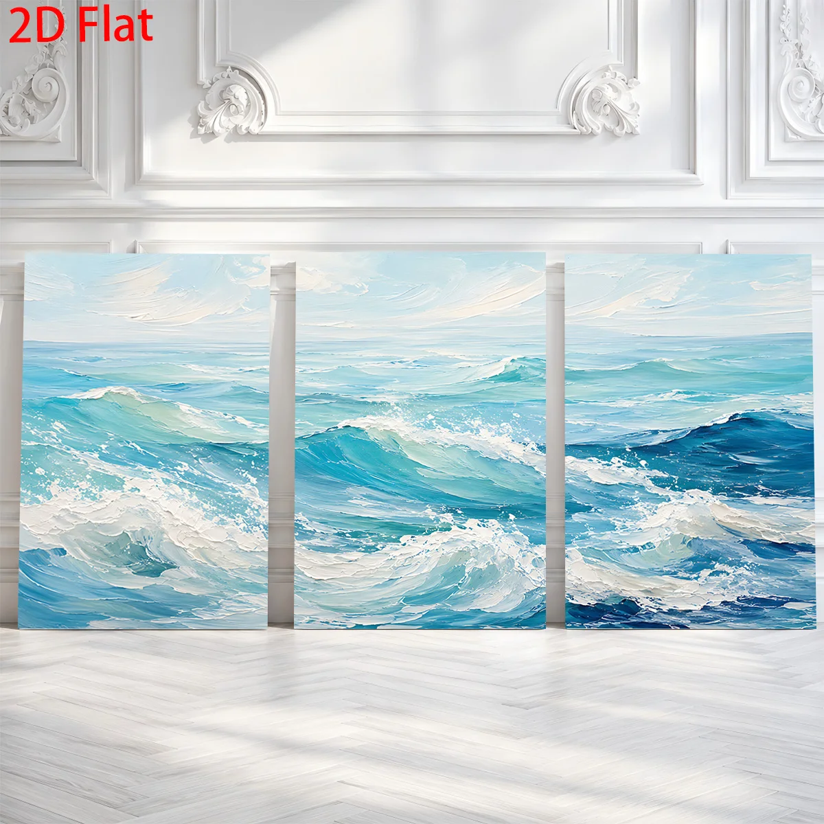 Frameless 3 Pieces 2D Flat- Three canvas paintings of blue ocean waves in white room Themed Canvas Wall Art, Waterproof Canva