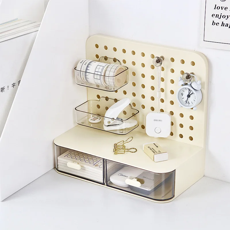 Multifunctional Desktop Storage Rack, Perforated Board Desktop Storage Rack with Card Holder and Drawer, Stationery Storage Rack