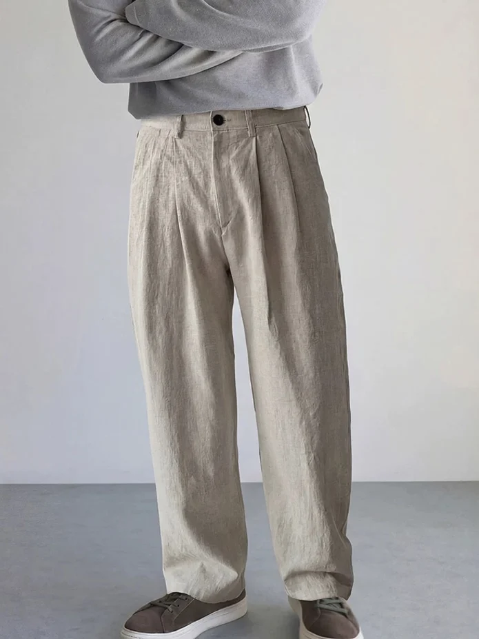 Loose Straight Leg Men's Workwear Pants Double Pleat Design Cotton Linen Breathable Casual Trousers American Style Flat Front