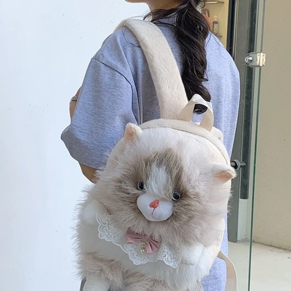 Cute Soft Fluffy Cat Backpack Polyester Lining Large Capacity Rucksack Realistic 3D Shoulder Bag Gift