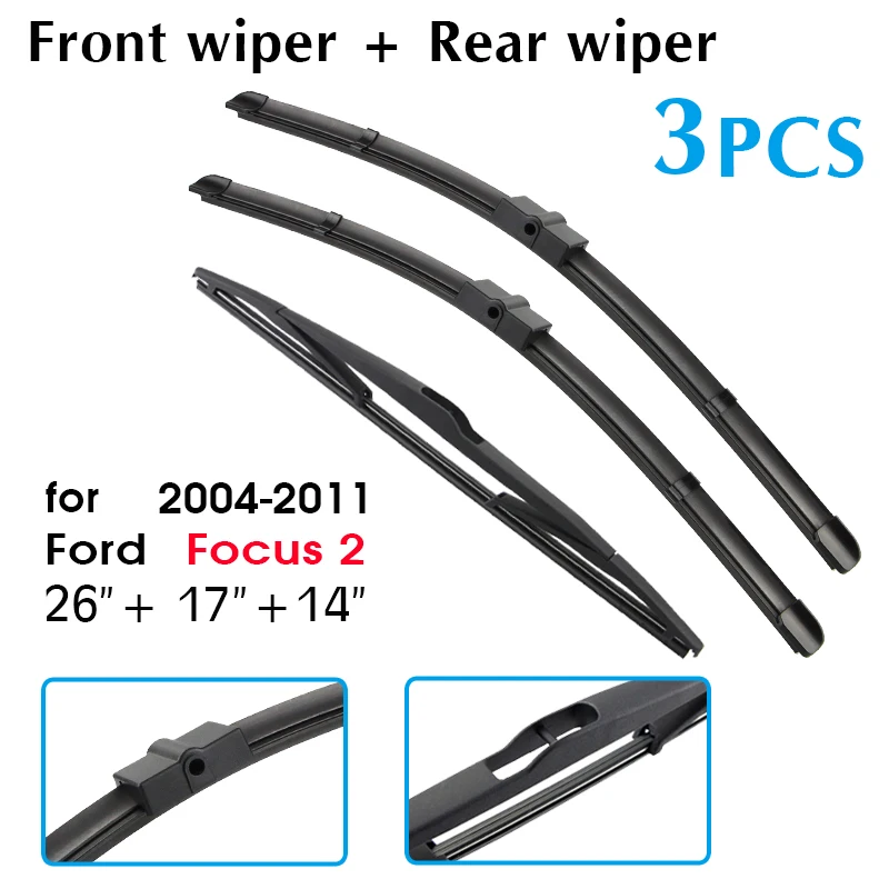 Wiper Front Rear Wiper Blades Set For Ford Focus 2 2004 2005 2006 2007 2008 2009 2010 2011 Front Rear Window 26\