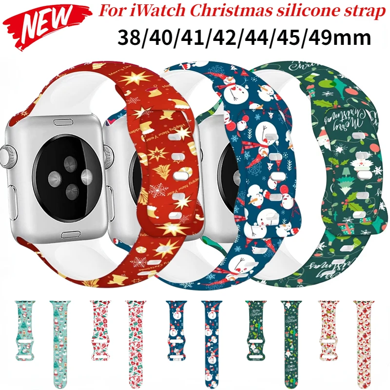 

Christmas Silicone Strap For Apple Watch Ultra 49mm 8 7 45 41mm Printed Bracelet Wristband iWatch 6 5 4 3 SE 44mm 42mm 40mm Belt