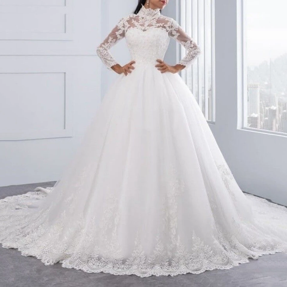 Abito da sposa bianco di lusso con applicazioni a collo alto e maniche lunghe 2025 A-Line lunghezza pavimento Sweep Train cerniera per abito da sposa da donna