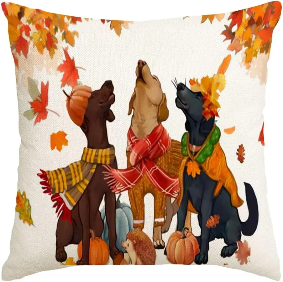 Autumn Dogs Pillowcase, Cute Labrador Fall Leaves Art, Thanksgiving Pumpkin Cushion Cover, Seasonal Pet Lover Home Decor Gift