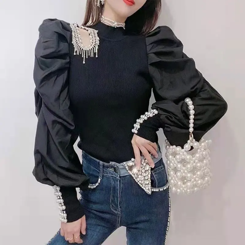 Blusa elegante de manga lanterna para mulheres, recortada em roupas femininas, meia gola alta, slim básico, camisa de pérolas de diamantes elegante,