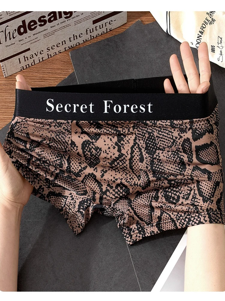 2 Pack Wild Python Print Ice Silk Boxer Briefs for Men Breathable Summer Underwear Flat Seams Youthful Four Corners Design