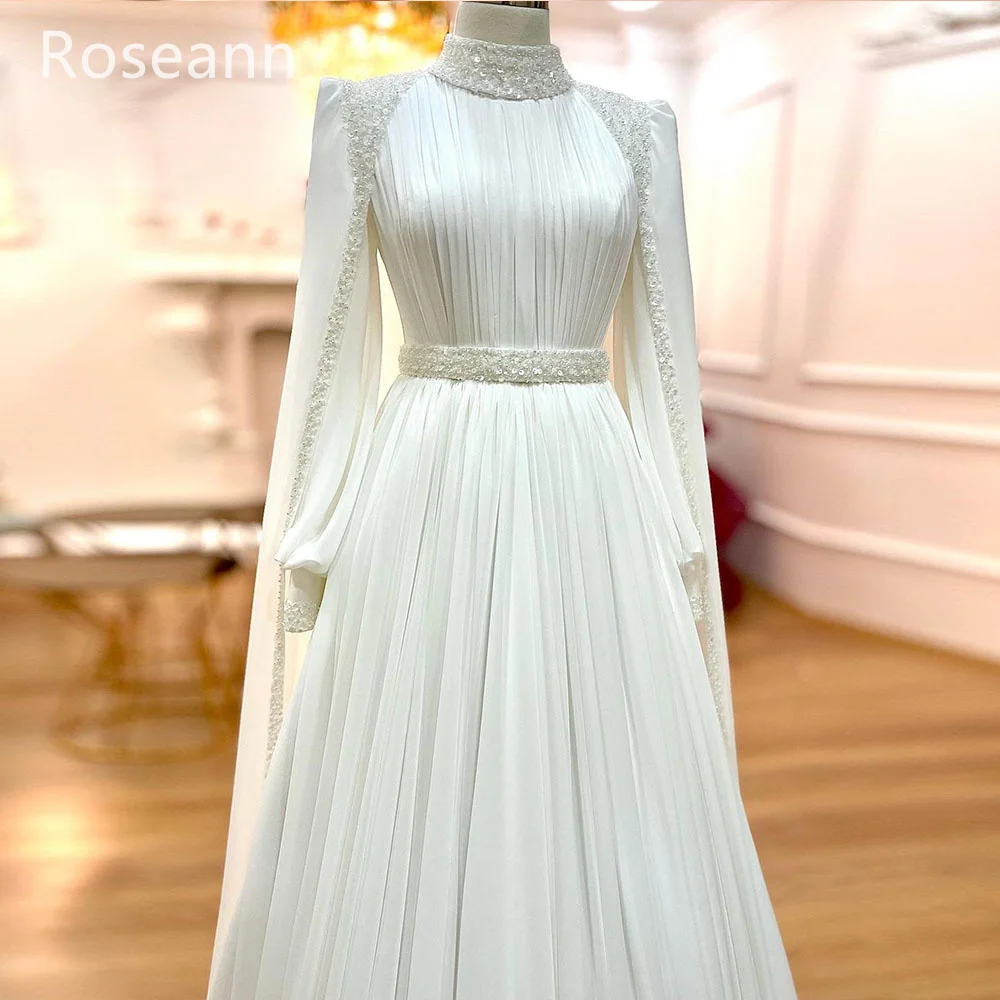 ที่กําหนดเองมุสลิมสูงงาช้าง A-Line ชุดแต่งงาน Paillette พับ Draped จีบเข็มขัดชุดเจ้าสาว Robe de mariée 2025