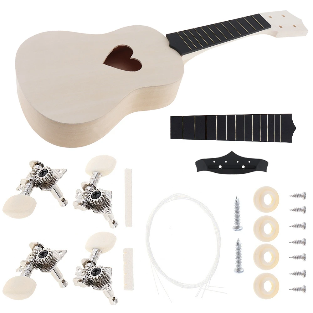 21 Inch Soprano Ukulele DIY Kits Basswood Hawaii Guitar with Heart Shape Hole for Handwork Painting Parents / Kids