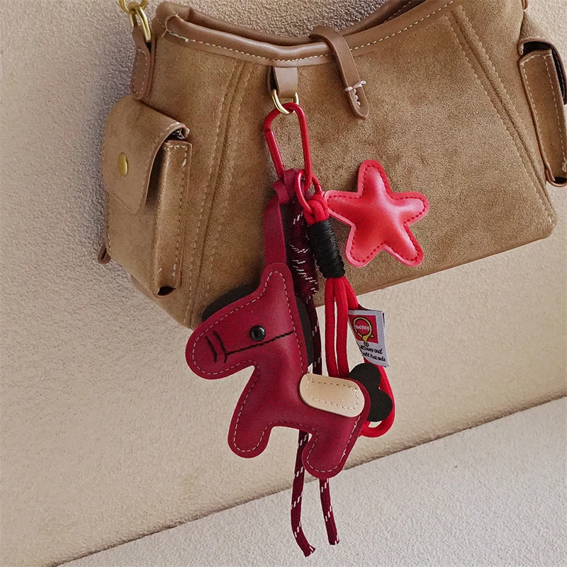 Cartoon Leather Pony Bag Charm Keychain for Women High-End Fashion Mobile Phone Accessory Jewelry Gift