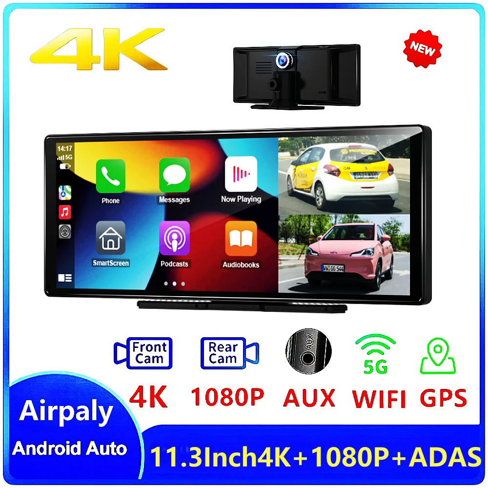 

4K 11.3" Car DVR ADAS WiFi Video Recorder Carplay&Android Auto Center Console Mirror 2160P FHD Rear Lens Video Dash Cam AUX