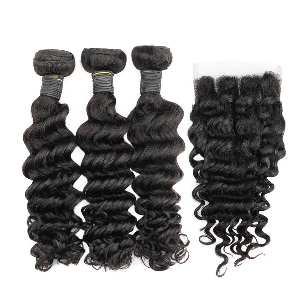 

Deep Wave Bundles with Closure Brazilian Virgin Human Hair 3 Bundles with 4x4 Lace Closure Deep Curly Natural Bundle 8-24 Inch