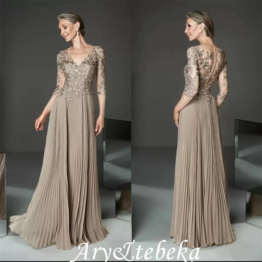 Elegante Champagne Moeder Van Bridal Jurken Kant Applicaties Half Sleeve Lange Bruiloft Gast Jurk Femme Robe De Soiree