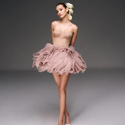 2024 New Ruffled Mini Party Dresses Dusty Pink Tiered Tulle Short Prom Formal Dress فساتين طويلة Women Birthday Dress Photoshoot