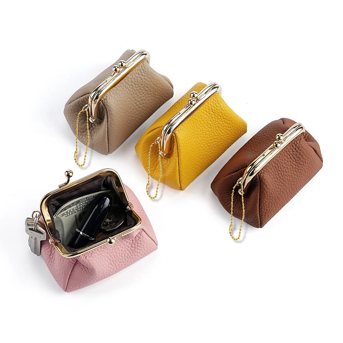 

Genuine Leather Coin Purse Creative Metal Edge Storage Bag Trend Money Key Bags Girls Portable Card Holder Wallets for Women