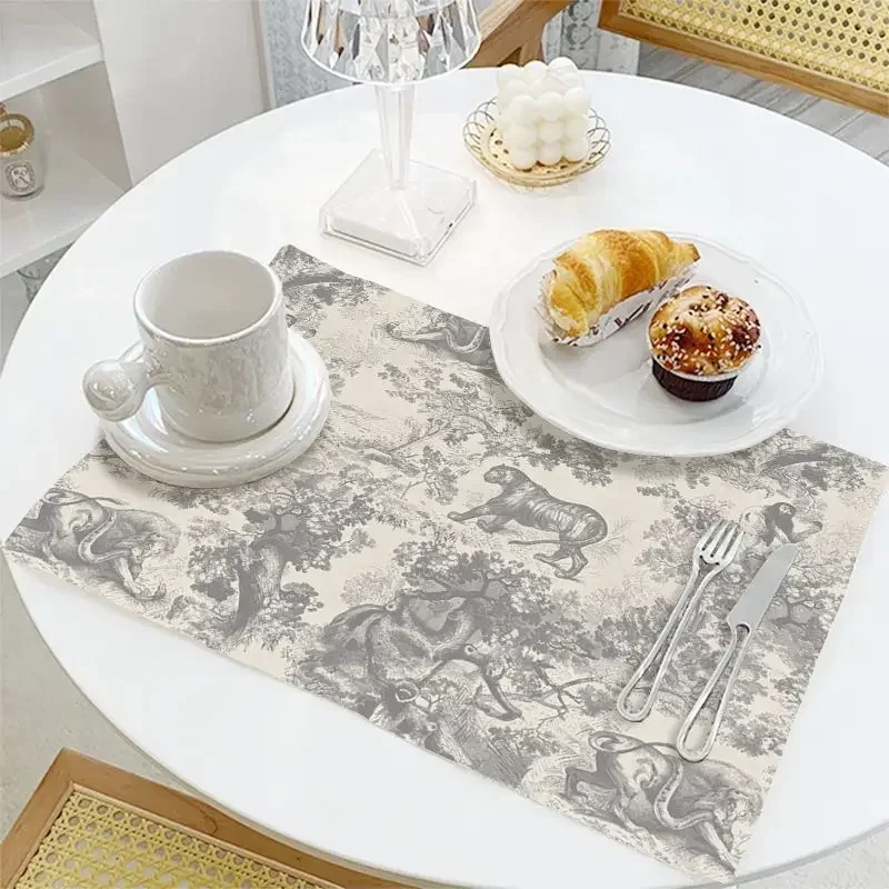VIKAMA Grey Blue Safari Tiger Elephant Toile Placemat Dining Mat Kitchen Decor Home Tabletop Exotic Retro Durable Cozy Aesthetic