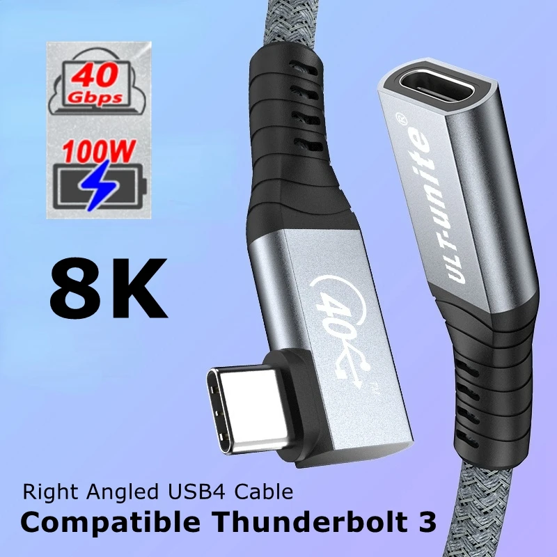USB4 Cable 90 Degree USB-C to Female USB-C TB3/4 Compatible 8K@60Hz 40Gbps Data Transfer PD100W 5A Fast Charging Male-Female Ada