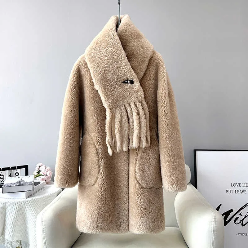 2024 New Women Sheep Shearling Coat Female Medium-length Lamb Wool Fur Scarf Warm Thickern Jacket JT471