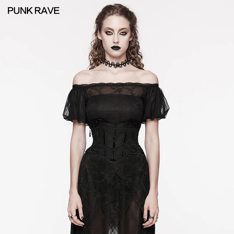 PUNK RAVE-Espartilho feminino de malha oca gótica e decalques de renda, fita de veludo, acessórios back club, cintos largos para mulheres